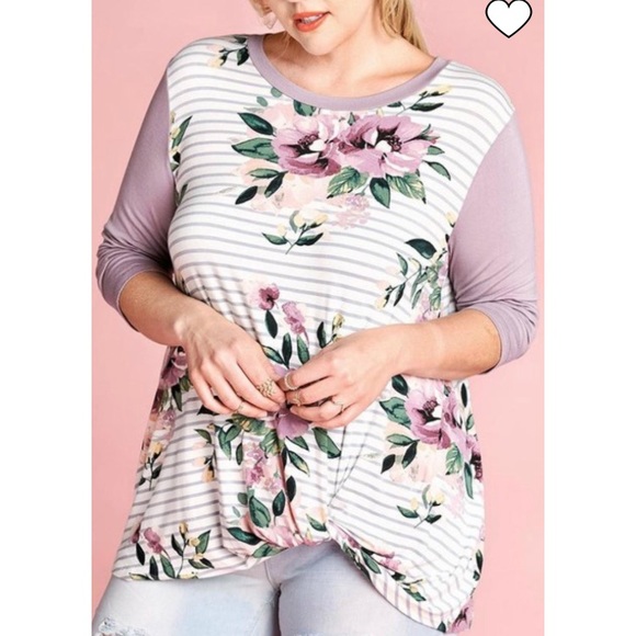 Plus Size Stripe Tee 3/4 Lavender - Picture 2 of 4